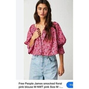 Free People James Smocked pink Floral Crop Top, size Medium